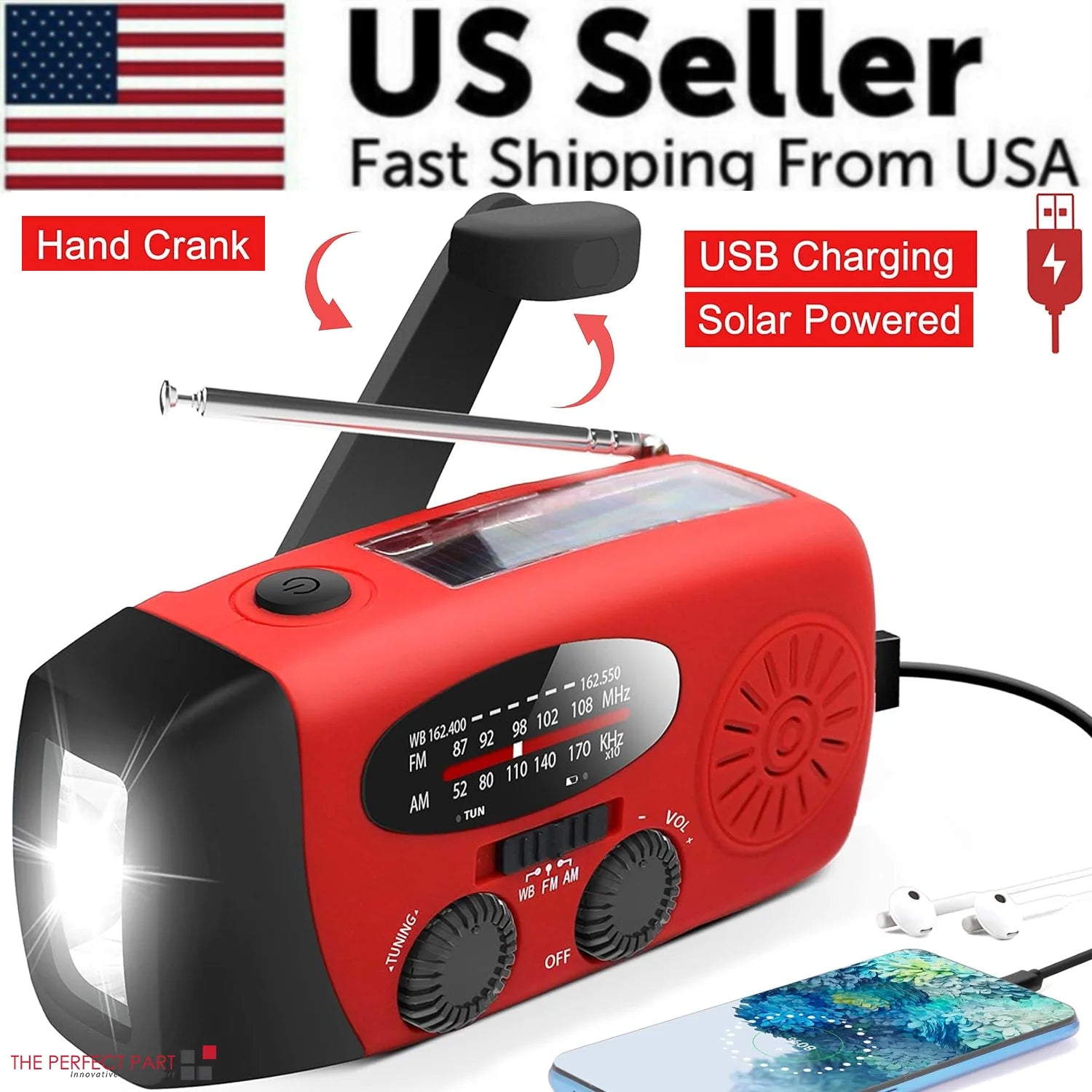Emergency Radio Crank Solar Hand Weather 1000Mah Power Bank Charger Flash Light