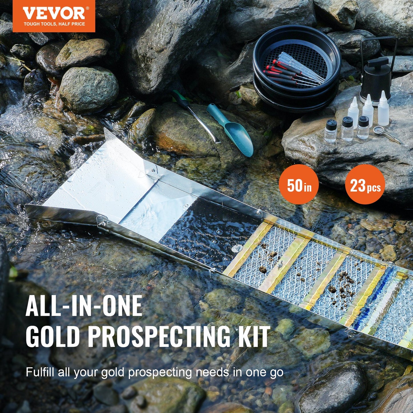 50 Inch Folding Sluice Box Gold Panning Kit, 23Pc Gold Prospecting Equipment Kit with Gold Pan, Classifier Screen, Separating Magnet, Backpack and More