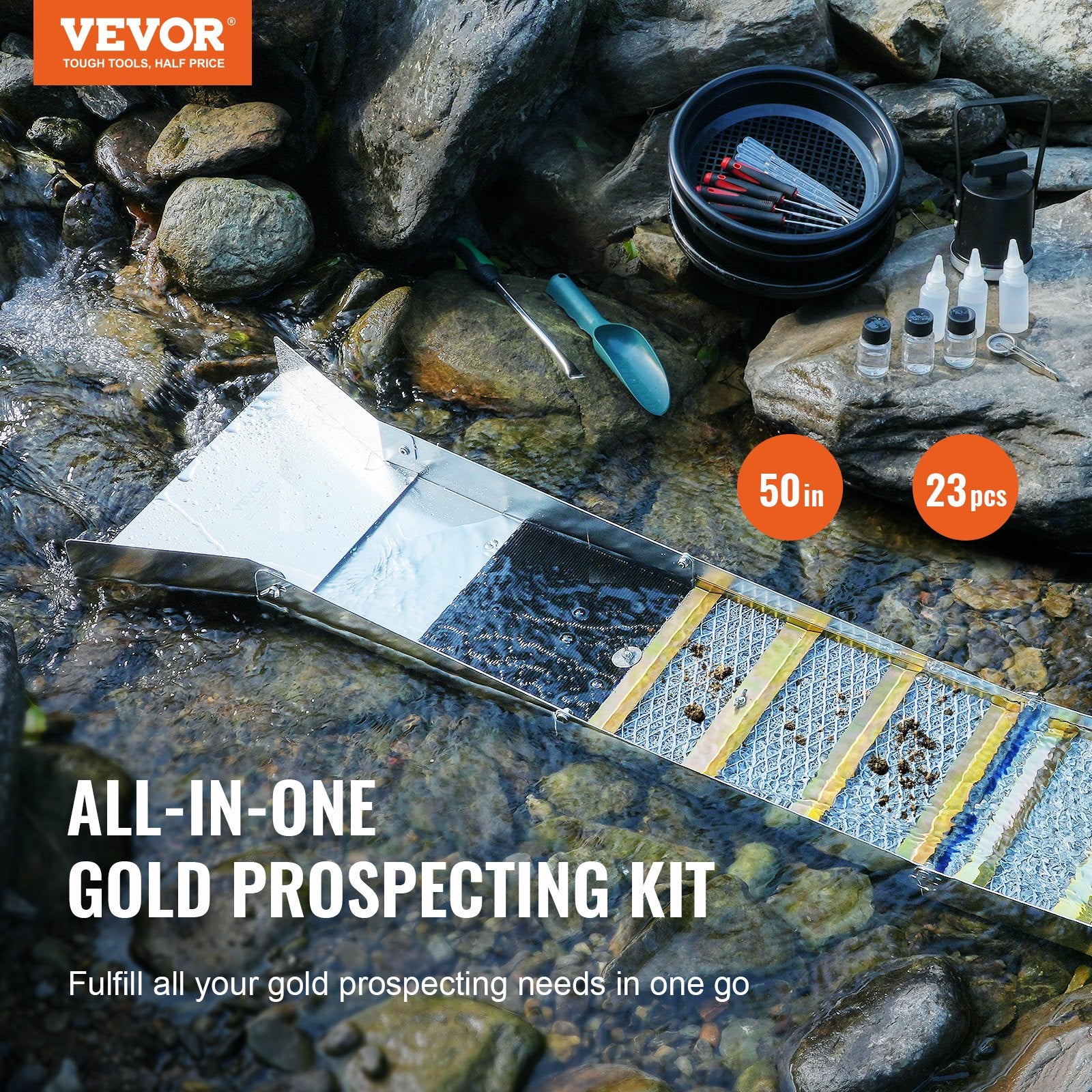50 Inch Folding Sluice Box Gold Panning Kit, 23Pc Gold Prospecting Equipment Kit with Gold Pan, Classifier Screen, Separating Magnet, Backpack and More