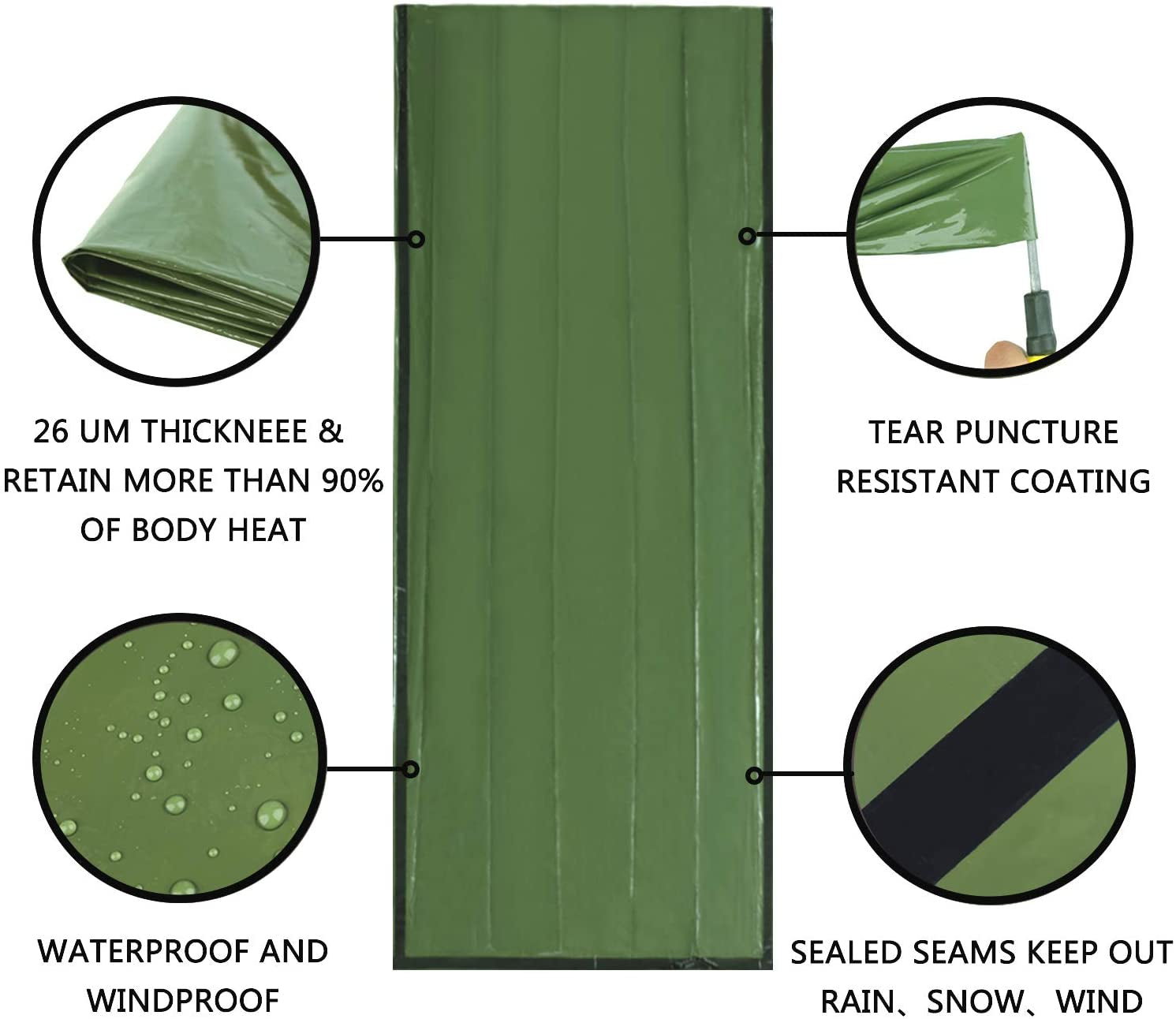 Emergency Sleeping Bag, Lightweight Survival Sleeping Bags Waterproof Thermal Emergency Blanket, Bivy Sack Survival Gear for Outdoor Adventure, Camping, Hiking, Orange, Green