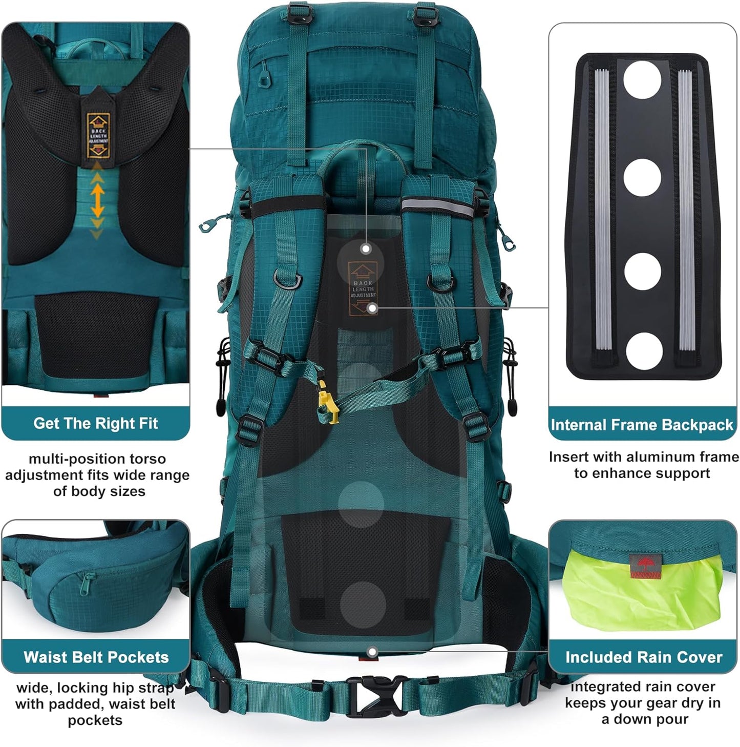 Internal Frame Hiking Backpack 50/60/65/70/80L, Mountain Climbing Camping Backpack Daypack Waterproof Rain Cover