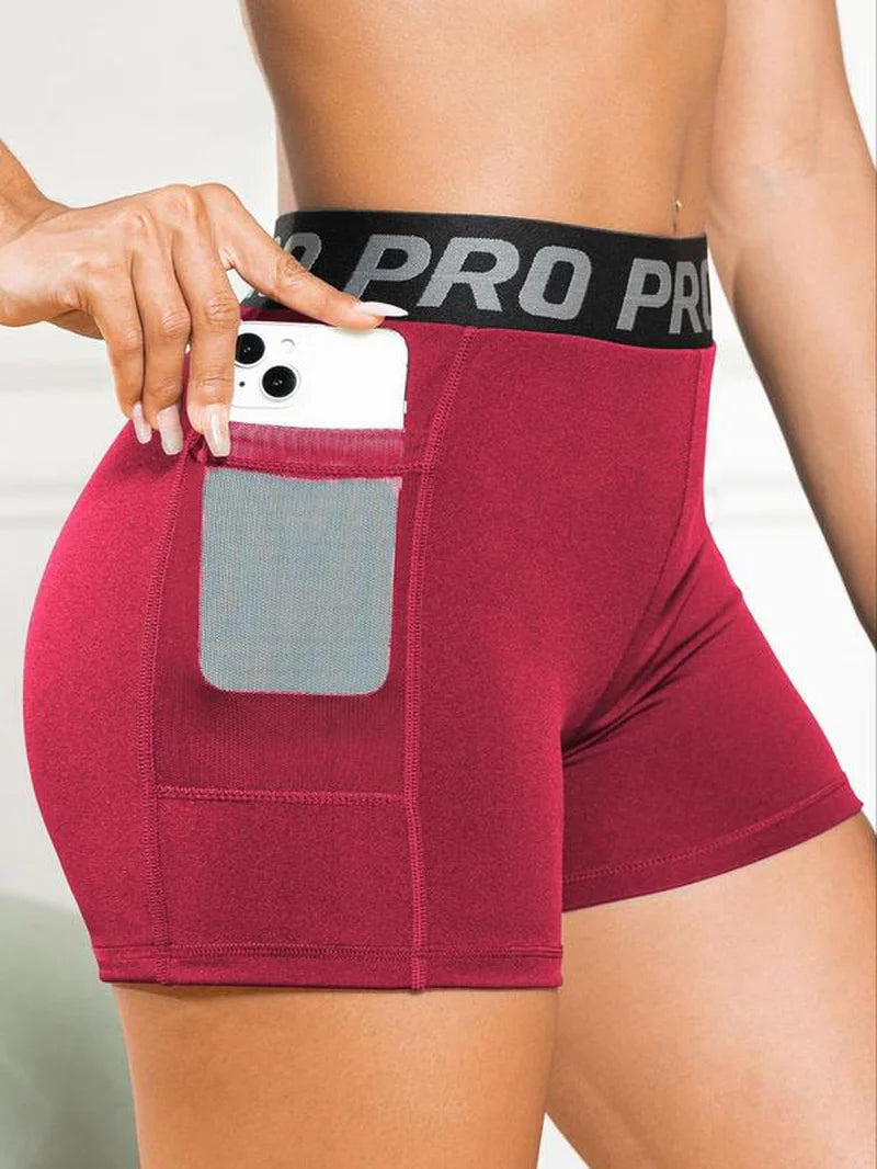 Women’s High-Waist Outdoor Gym Shorts – Breathable Mesh Pocket Fitness Shorts with Letter Tape Design, Perfect for Hiking, Running & Summer Adventures