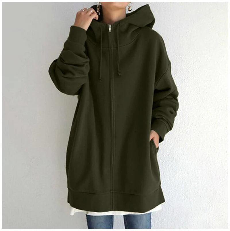 Oversized S-5XL Women Loose Hooded Coats Autumn Female Tie Collar Long Sleeve Zipper up Add Velvet Long Sweatshirt