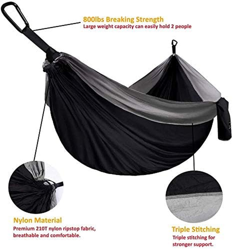 Camping Hammock, Double & Single Parachute Hammock with Ropes, USA Brand Lightweight Portable Mens Womens Kids, Camping Accessories Gear (Black and Gray, 2 Person)