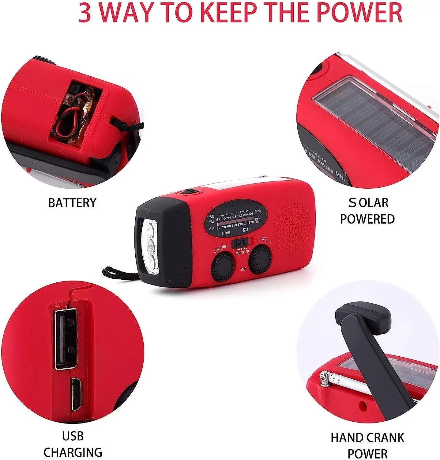 Emergency Radio Crank Solar Hand Weather 1000Mah Power Bank Charger Flash Light