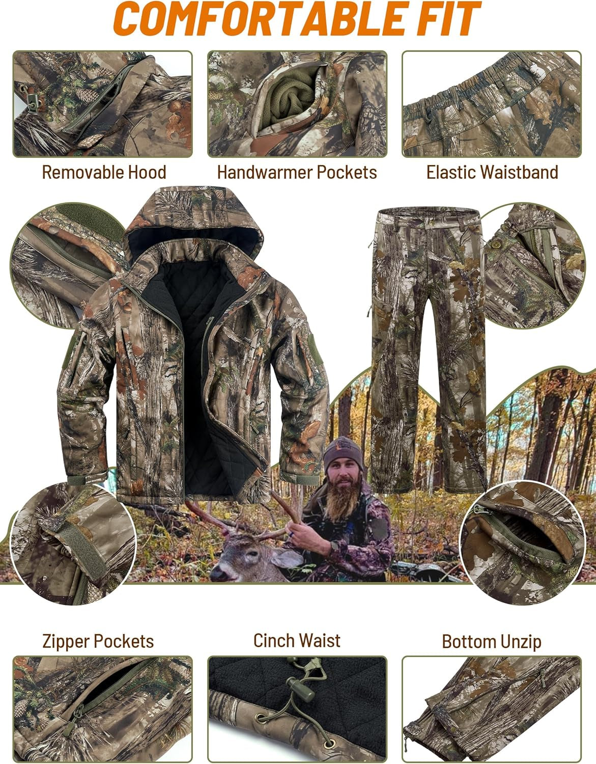 Insulated Hunting Clothes for Men Cold Weather, Warm Camo Hunting Jacket and Pants, Hunting Suit for Deer Duck Hunts