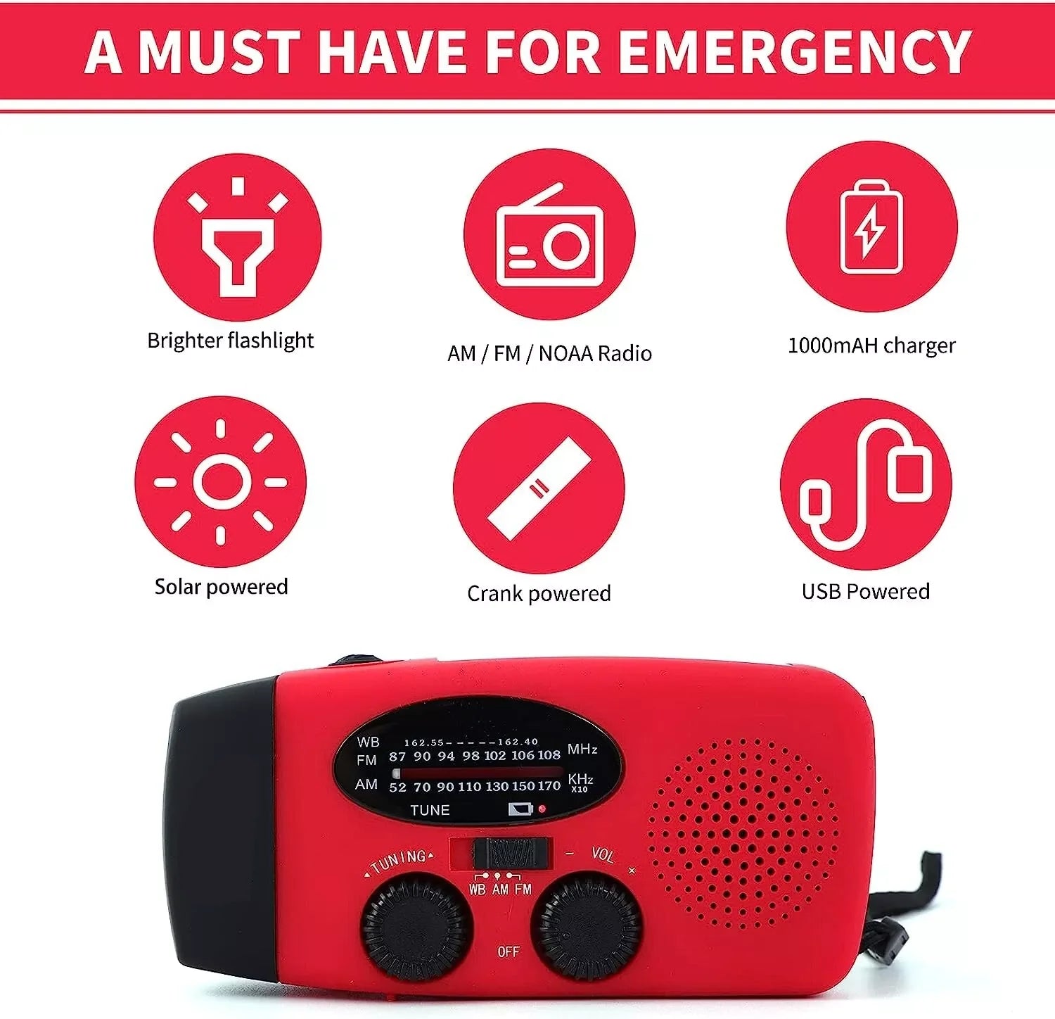 Emergency Radio Crank Solar Hand Weather 1000Mah Power Bank Charger Flash Light