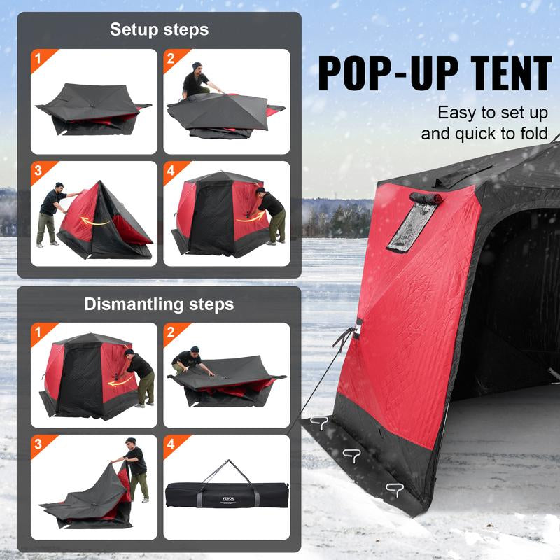 VEVOR Portable Ice Shelter, 4-6 Person Insulated Pop-Up Ice Fishing Tent, 50 Square Feet Fishable Area, Thermal Ice Shanty for Winter Fishing, Ice Cube with Anchors, Ropes, Carrying Bag, 130"X130"