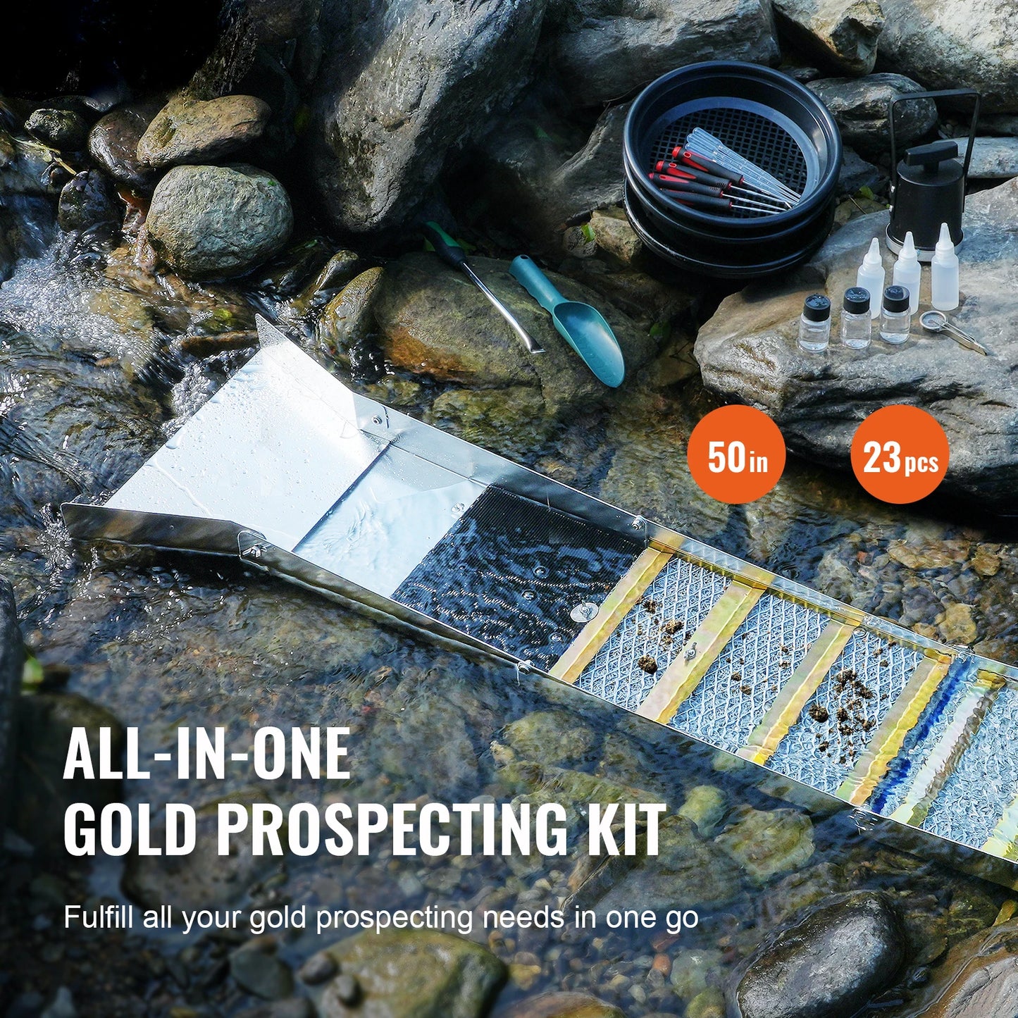 50" 12" Complete Sluice Box Gold Panning Kit Aluminum Alloy Gold Mining Equipment 23/16 PCS Gold Prospecting Kit