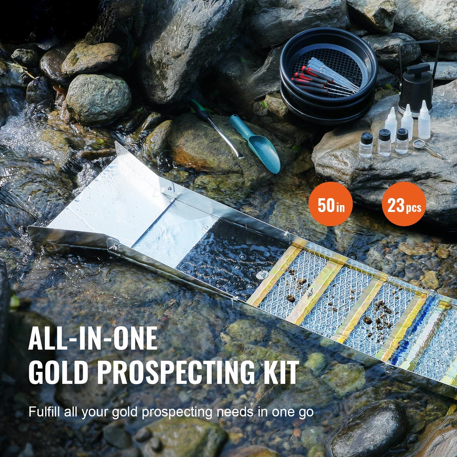 50" 12" Complete Sluice Box Gold Panning Kit Aluminum Alloy Gold Mining Equipment 23/16 PCS Gold Prospecting Kit