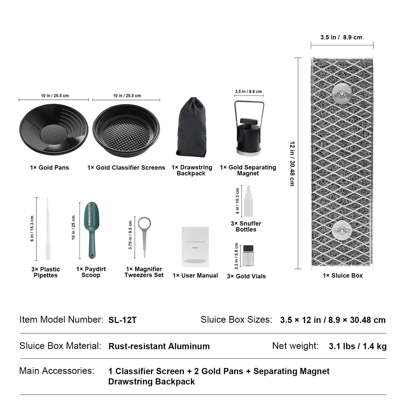 50" 12" Complete Sluice Box Gold Panning Kit Aluminum Alloy Gold Mining Equipment 23/16 PCS Gold Prospecting Kit