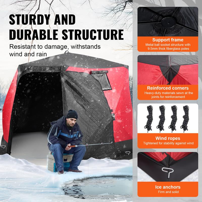VEVOR Portable Ice Shelter, 4-6 Person Insulated Pop-Up Ice Fishing Tent, 50 Square Feet Fishable Area, Thermal Ice Shanty for Winter Fishing, Ice Cube with Anchors, Ropes, Carrying Bag, 130"X130"