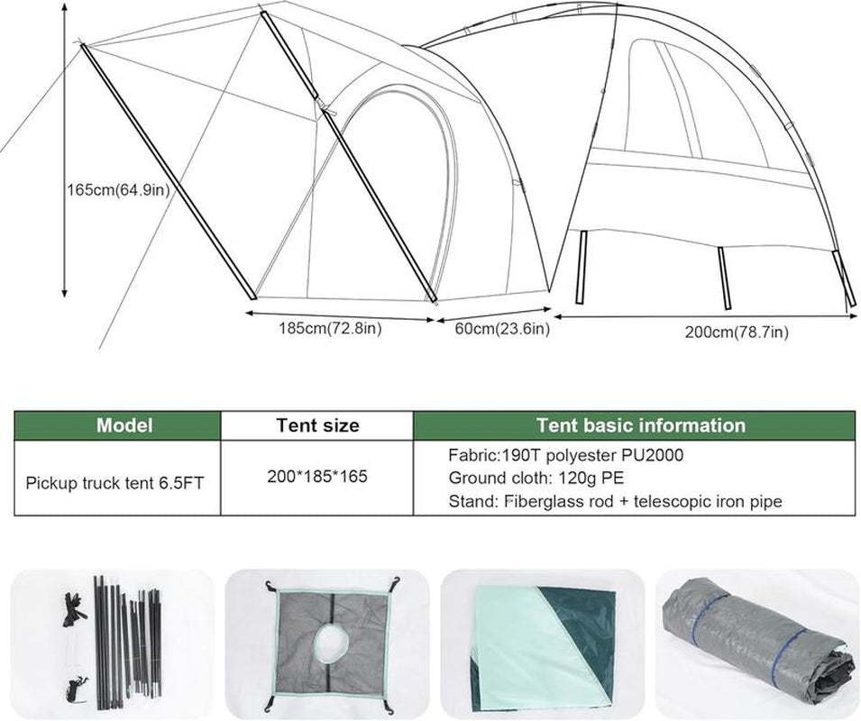 Pickup Truck Bed Tent, 5.5~6.5FT Double Layer Waterproof Camping Tent with Awning, 2-Person Capacity, 190T Polyester