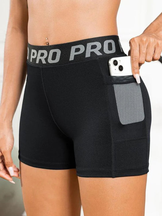 Women’s High-Waist Outdoor Gym Shorts – Breathable Mesh Pocket Fitness Shorts with Letter Tape Design, Perfect for Hiking, Running & Summer Adventures