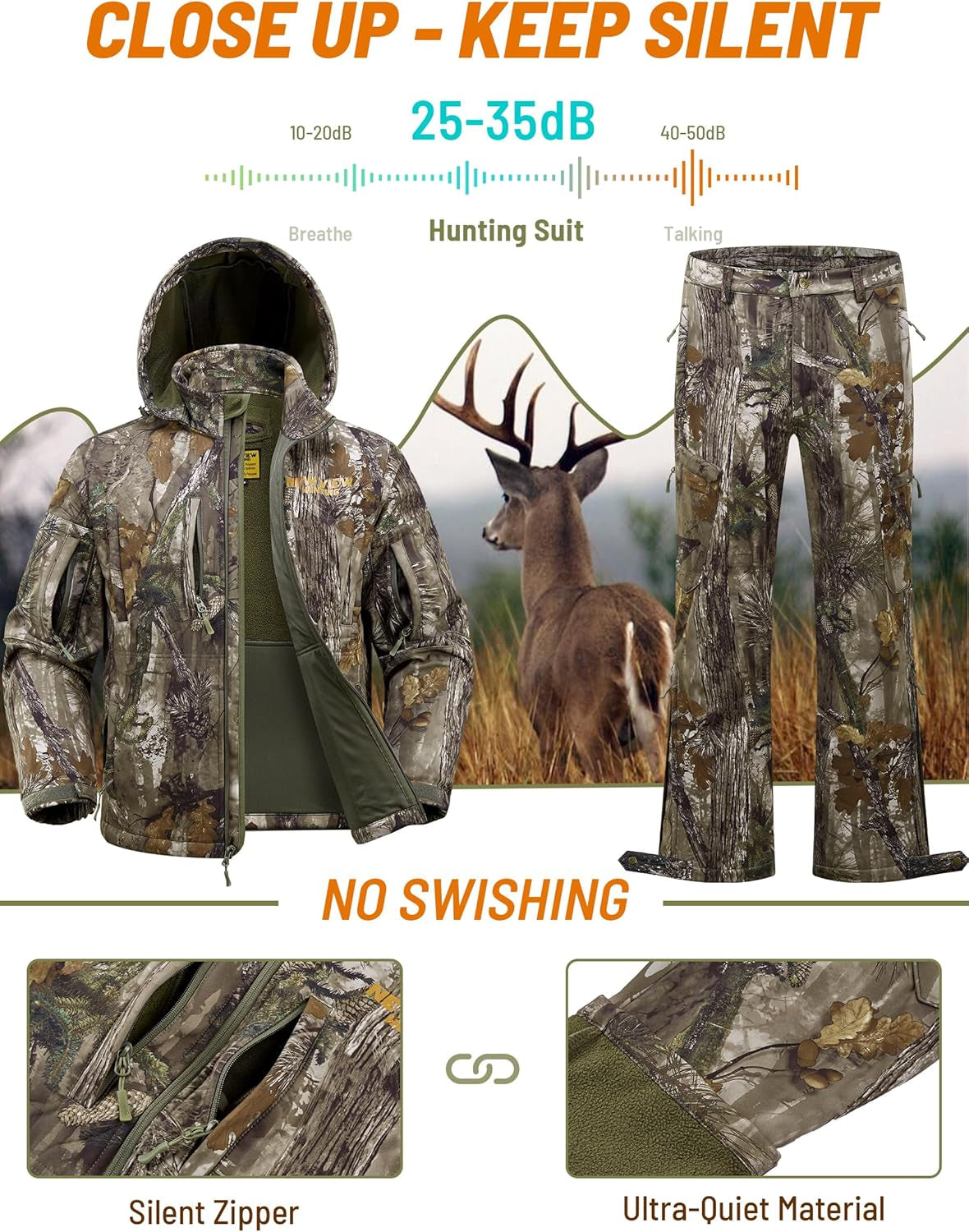 Camo Hunting Clothes for Men, Quiet Warm Fleece Lining, Cold Weather Deer Hunting Jacket and Pants with Face Mask