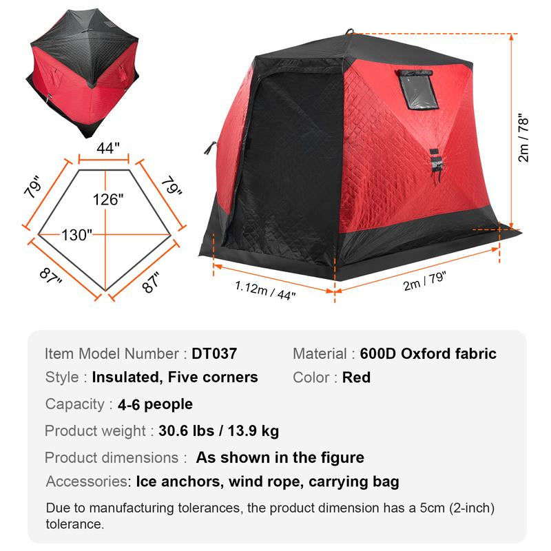 VEVOR Portable Ice Shelter, 4-6 Person Insulated Pop-Up Ice Fishing Tent, 50 Square Feet Fishable Area, Thermal Ice Shanty for Winter Fishing, Ice Cube with Anchors, Ropes, Carrying Bag, 130"X130"