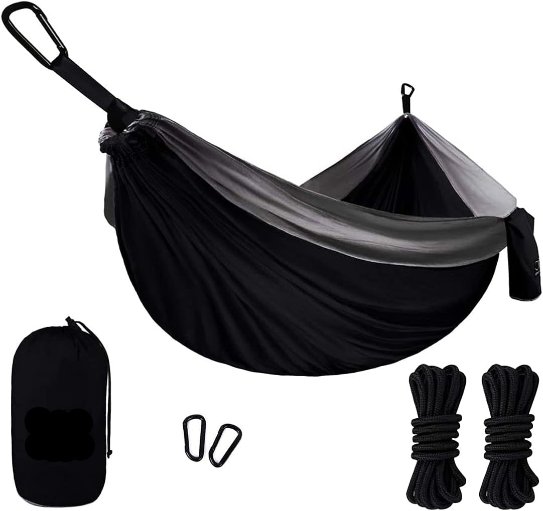 Camping Hammock, Double & Single Parachute Hammock with Ropes, USA Brand Lightweight Portable Mens Womens Kids, Camping Accessories Gear (Black and Gray, 2 Person)