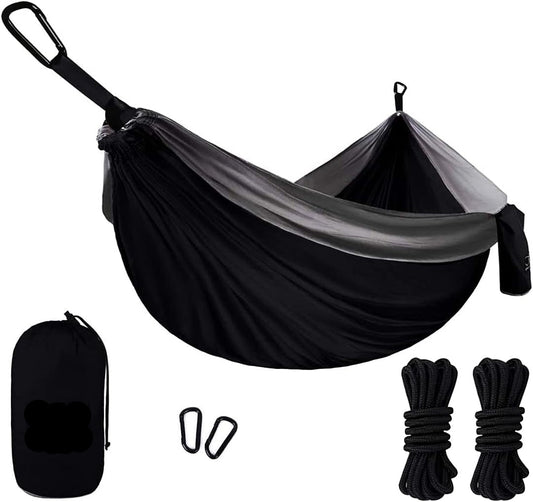 Camping Hammock, Double & Single Parachute Hammock with Ropes, USA Brand Lightweight Portable Mens Womens Kids, Camping Accessories Gear (Black and Gray, 2 Person)