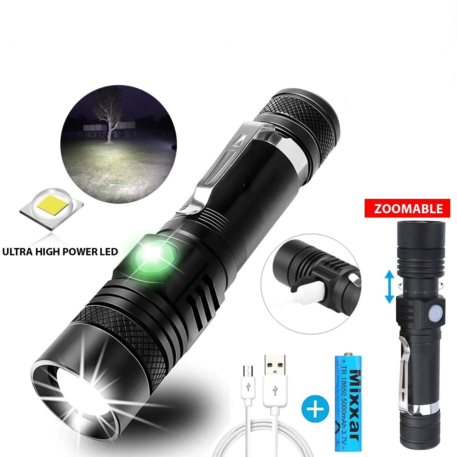 Super Bright 90000LM LED Tactical Flashlight Zoomable with Rechargeable Battery