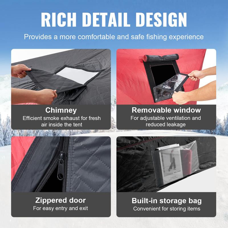 VEVOR Portable Ice Shelter, 4-6 Person Insulated Pop-Up Ice Fishing Tent, 50 Square Feet Fishable Area, Thermal Ice Shanty for Winter Fishing, Ice Cube with Anchors, Ropes, Carrying Bag, 130"X130"