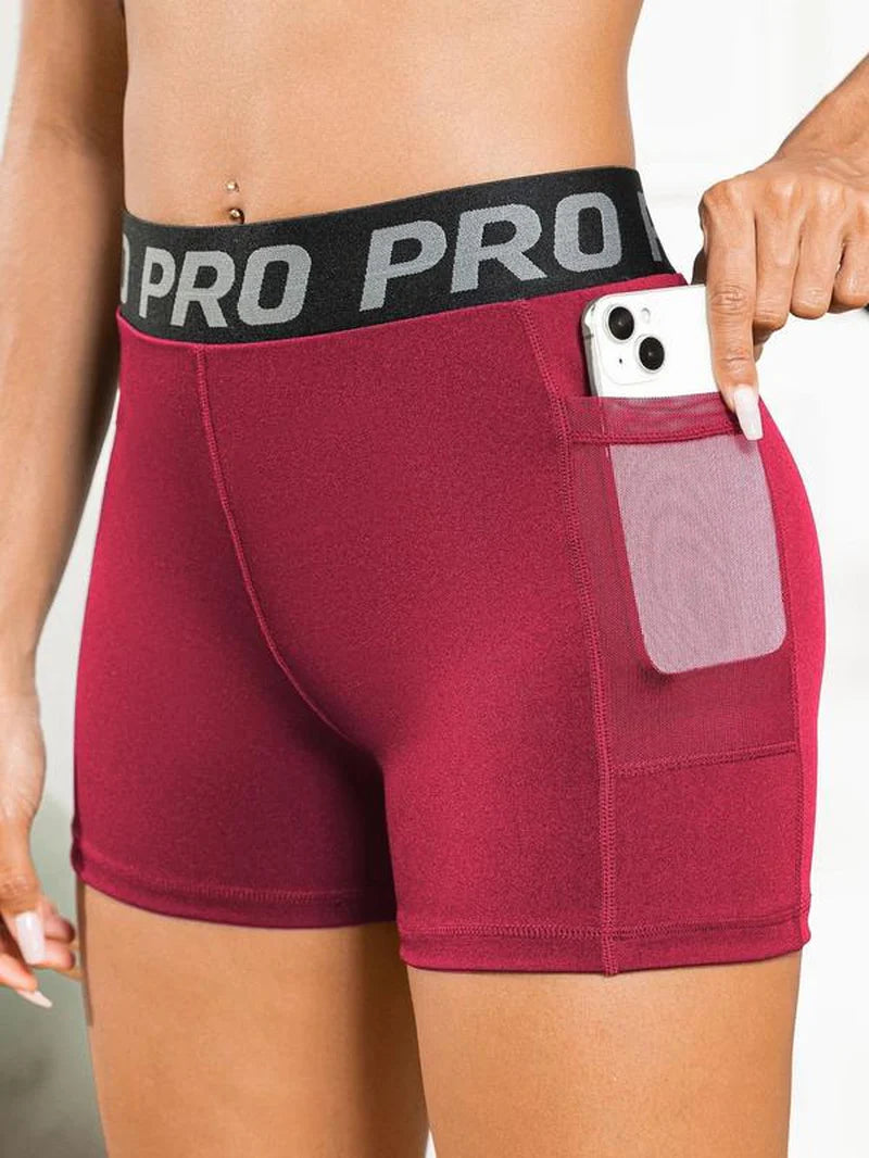 Women’s High-Waist Outdoor Gym Shorts – Breathable Mesh Pocket Fitness Shorts with Letter Tape Design, Perfect for Hiking, Running & Summer Adventures
