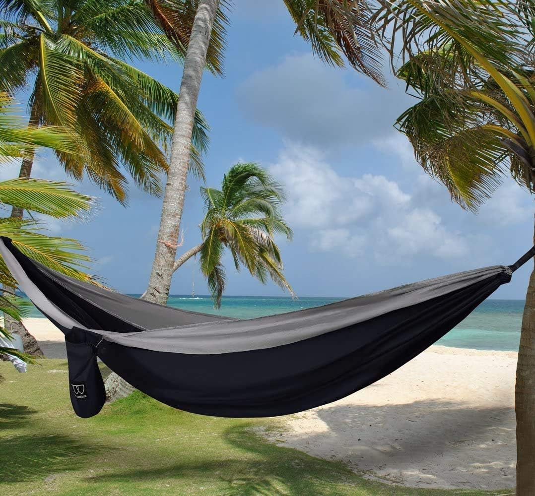 Camping Hammock, Double & Single Parachute Hammock with Ropes, USA Brand Lightweight Portable Mens Womens Kids, Camping Accessories Gear (Black and Gray, 2 Person)