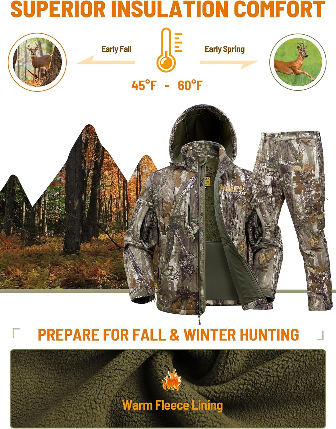 Camo Hunting Clothes for Men, Quiet Warm Fleece Lining, Cold Weather Deer Hunting Jacket and Pants with Face Mask