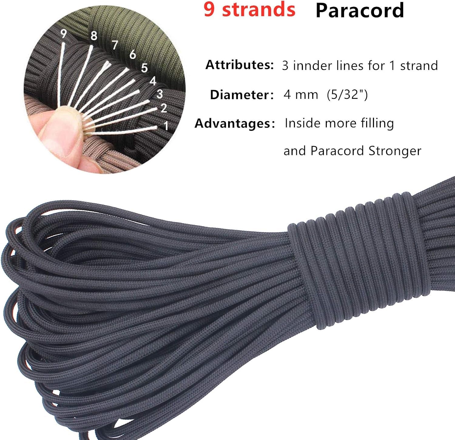 Paracord 9 Core 550 Parachute Cord Camping Rope 100FT (Army Green, 100Feet)