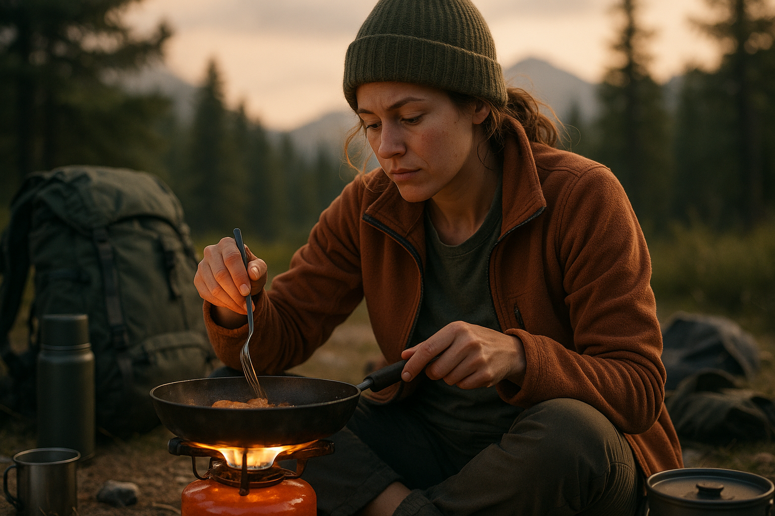 give me an image of a woman cooking over a camp stove 