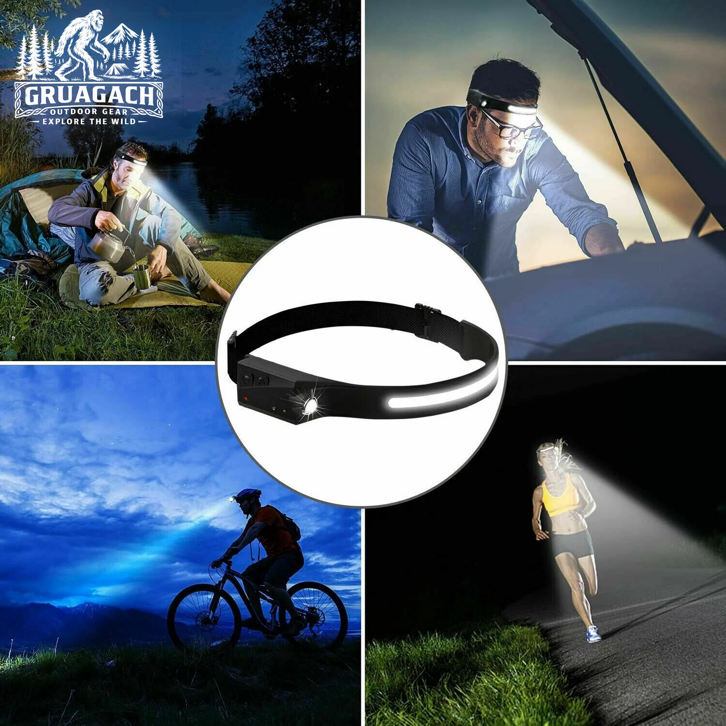 COB LED Headlamp USB Rechargeable Headlight Torch Work Light Bar Head Band Lamp