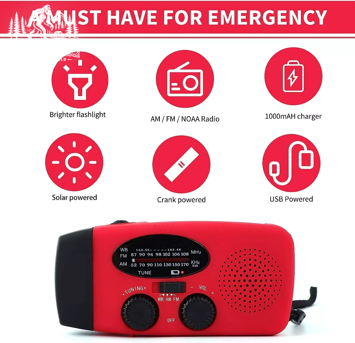 Emergency Radio Crank Solar Hand Weather 1000Mah Power Bank Charger Flash Light